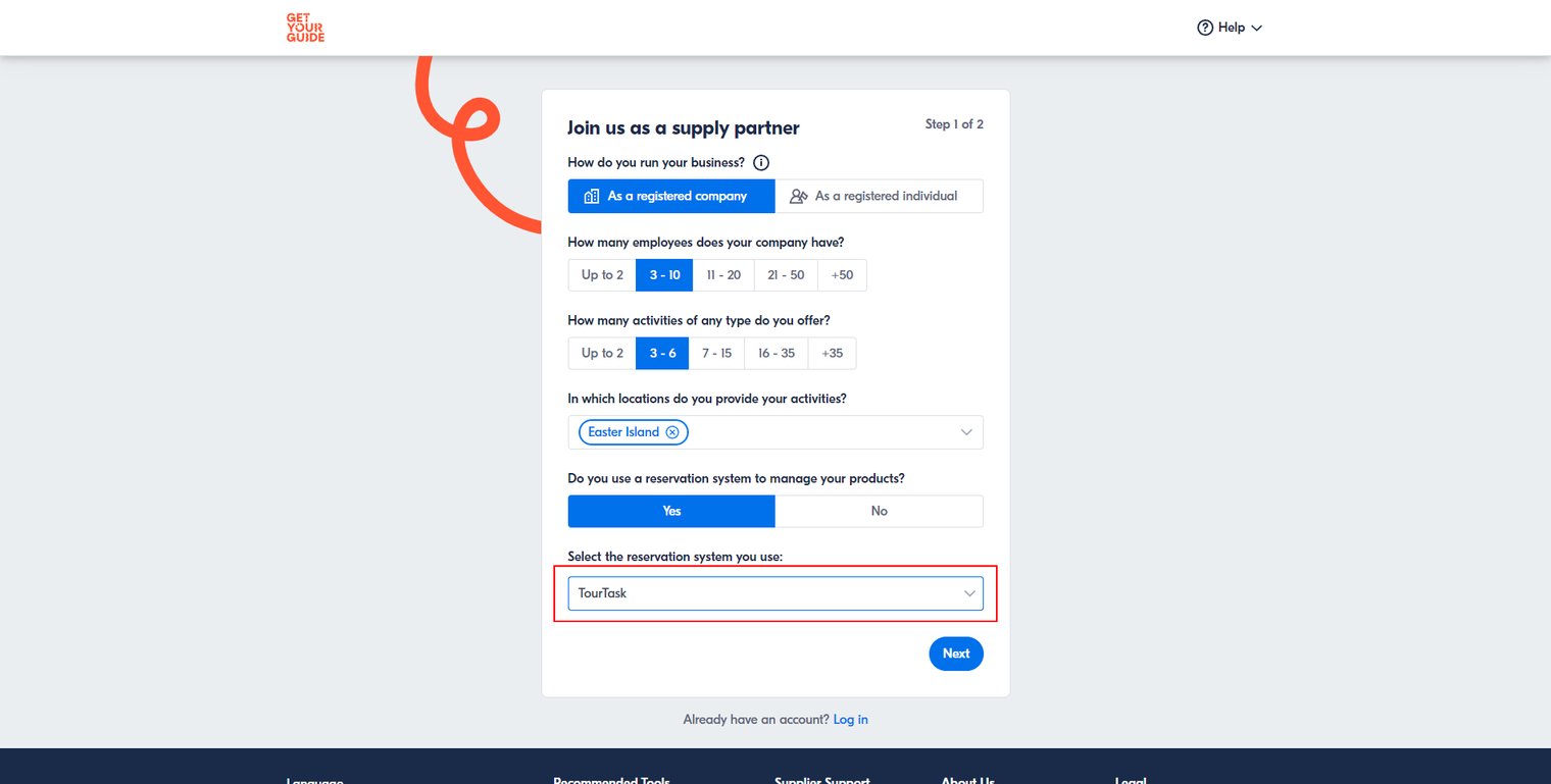 The sign-up form, with TourTask as the reservation system