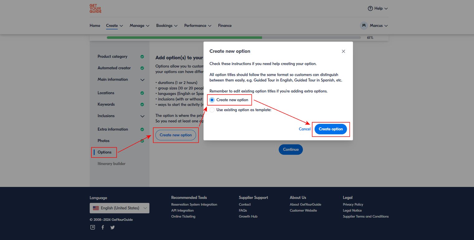 Creating the product’s first option