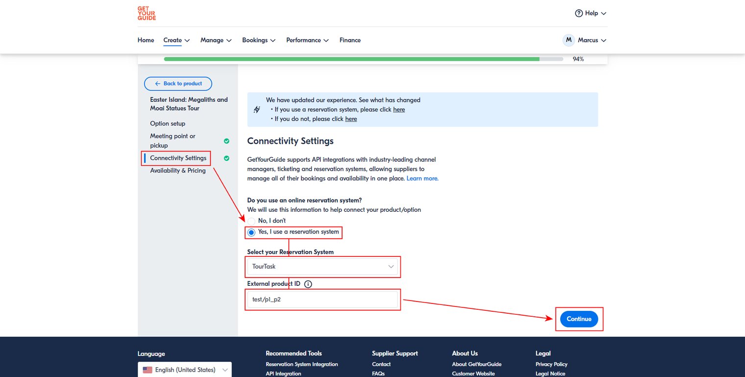 The connectivity settings, with the TourTask option code