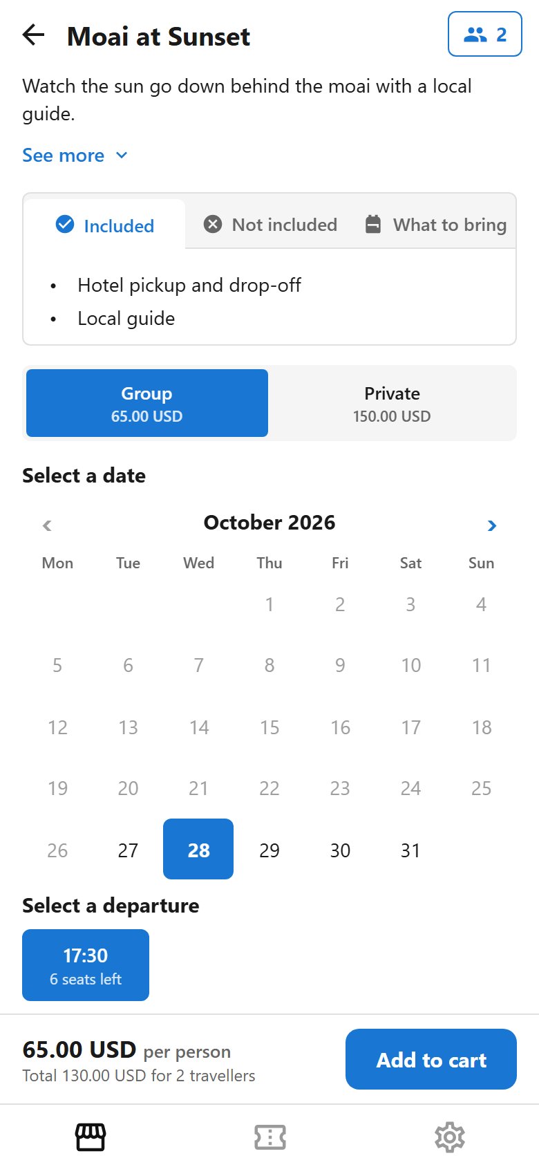 A tour with its date and departure picked.