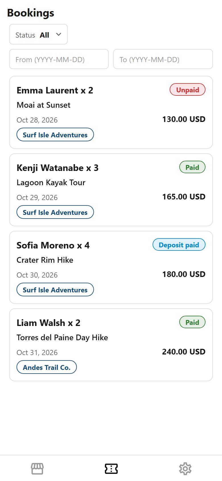 The bookings made in the app, each with its status.