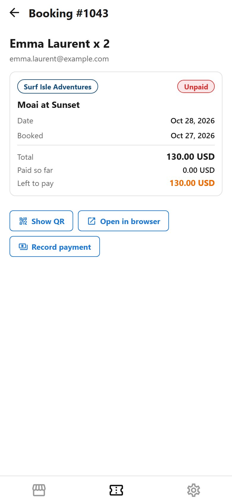A booking and the three ways to take payment.