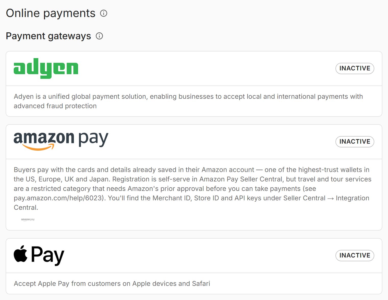The payment gateways you can add.