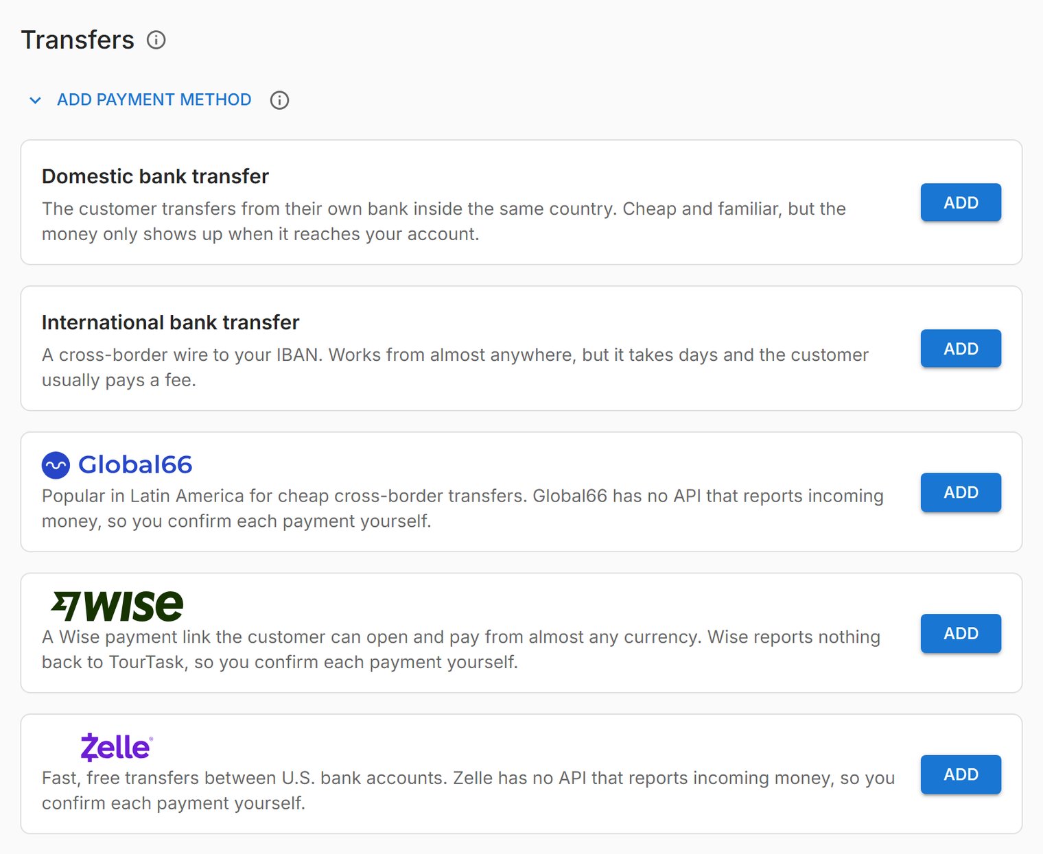 The transfer methods you can add.