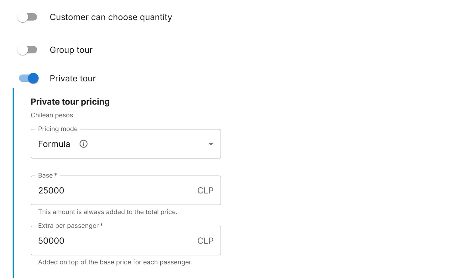 An add-on for private tours, priced with a formula.