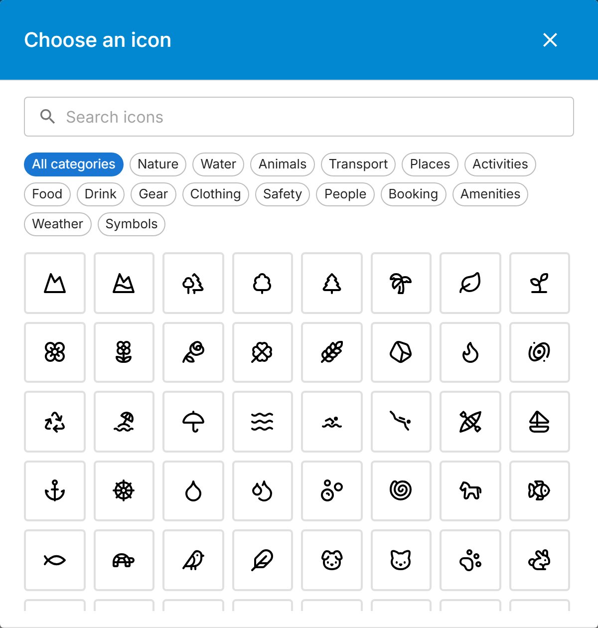 Icons, by category.