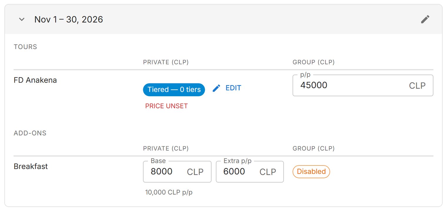 A season's prices: tiers, a price per person and a formula.