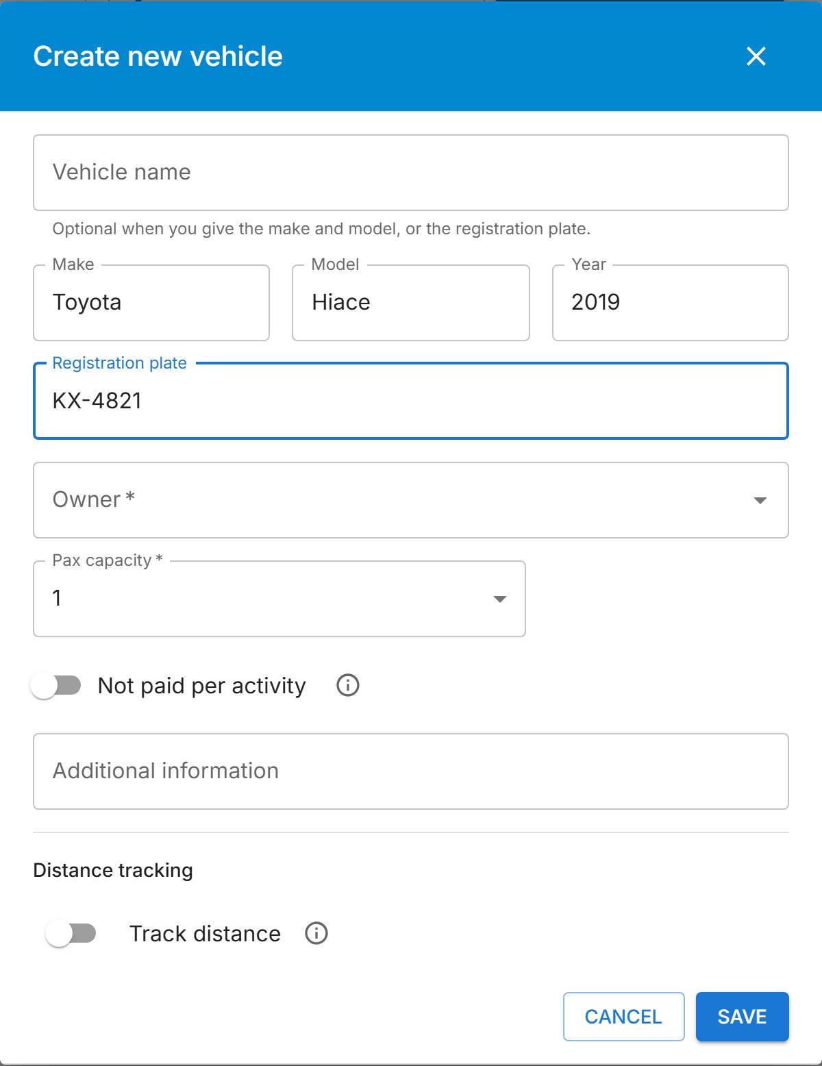 A new vehicle, named by its make and model.