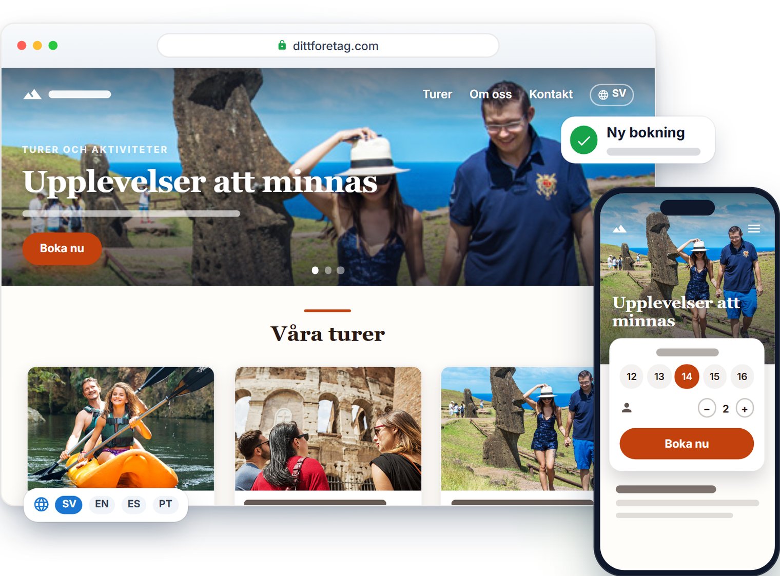 En TourTask-webbplats på en dator och en mobil.