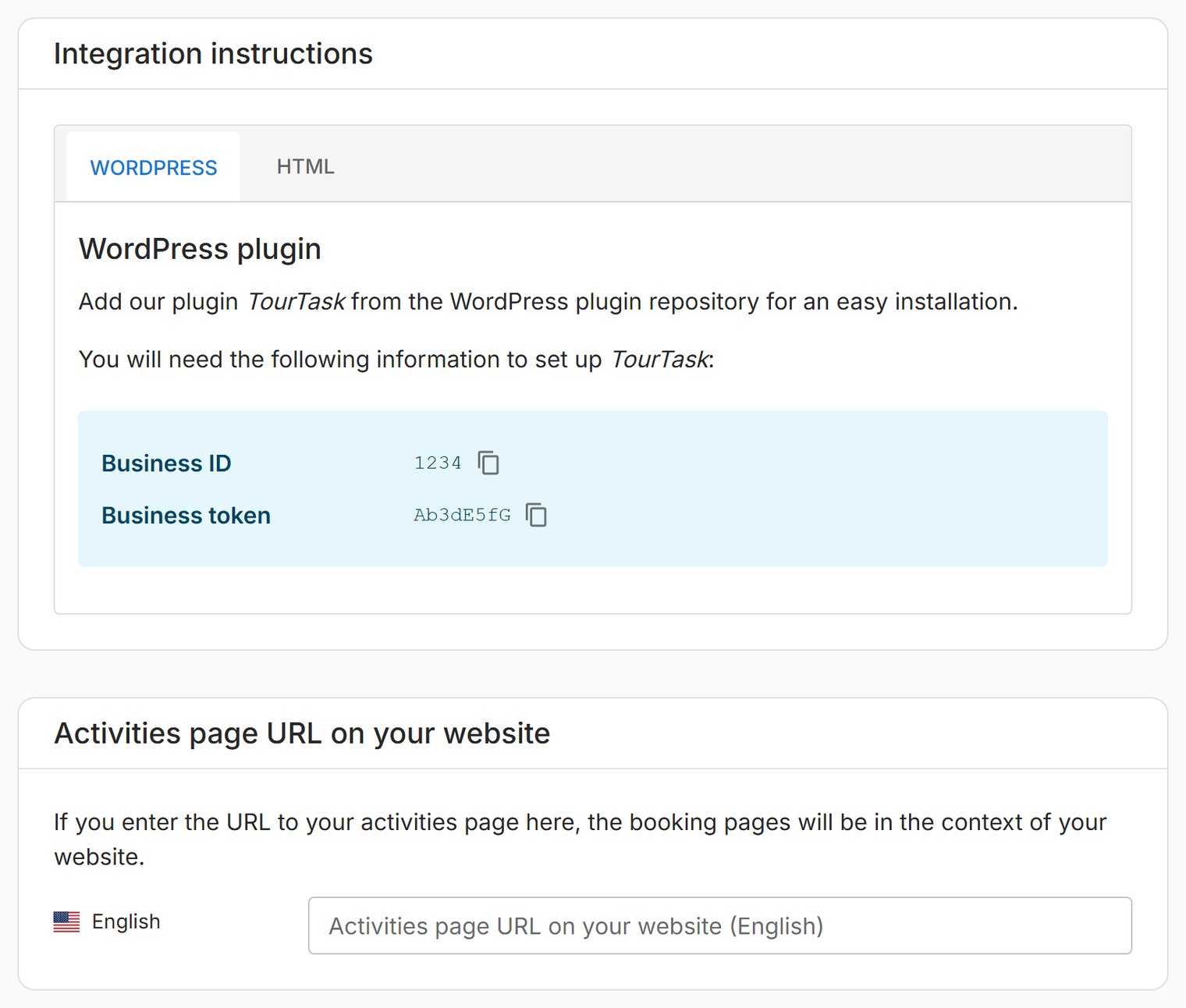 The WordPress tab and the Activities page URL field.