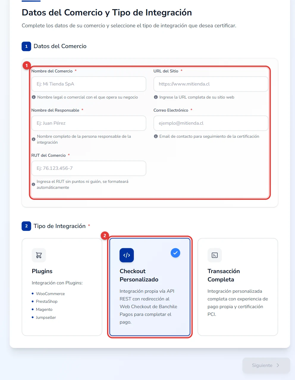 Página 1 del formulario de certificación de Banchile Pagos: datos del comercio y el tipo de integración «Checkout Personalizado» marcado
