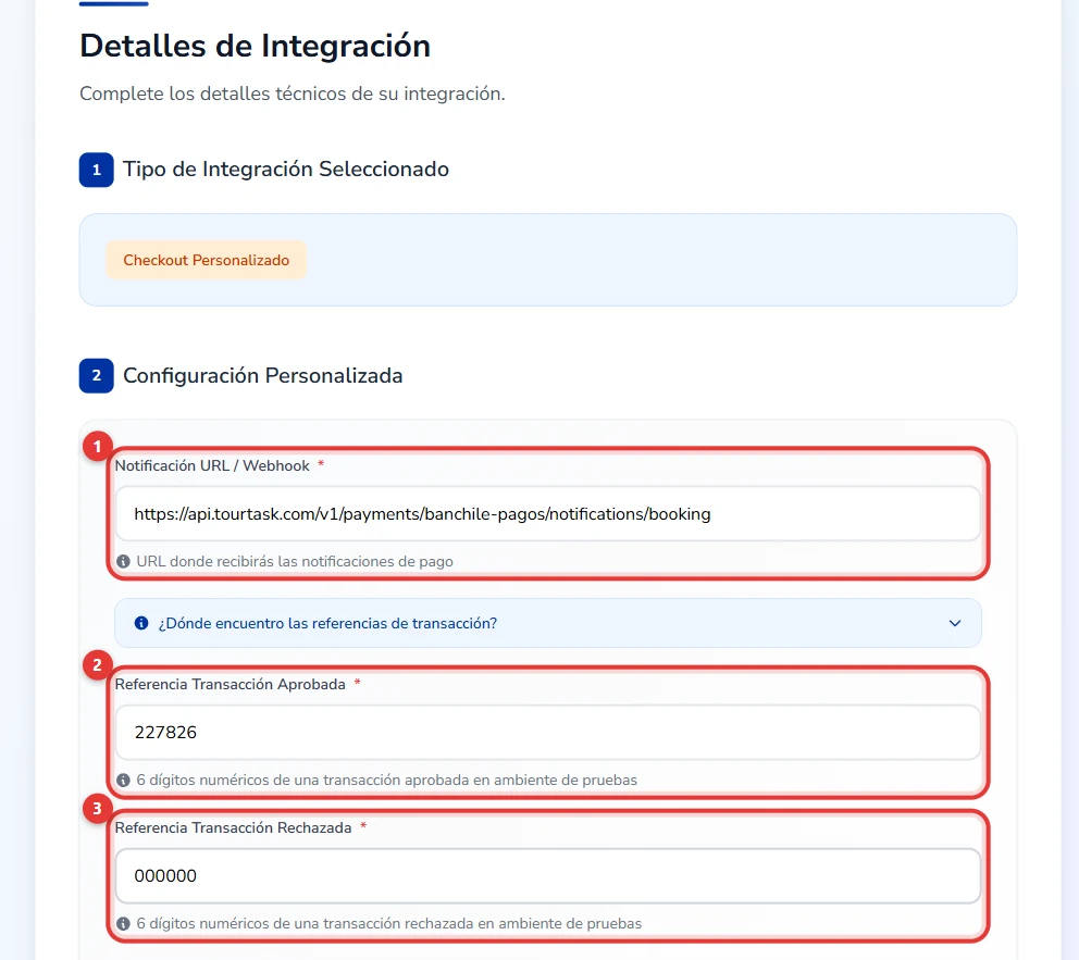 Página 2 del formulario: URL de notificación y las dos referencias de transacción