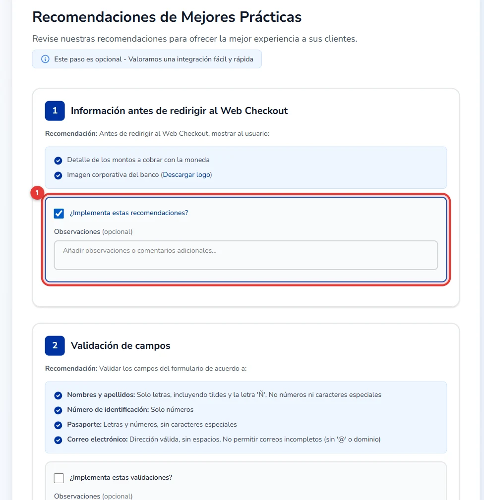 Página 3 del formulario: solo la casilla de la recomendación 1 marcada