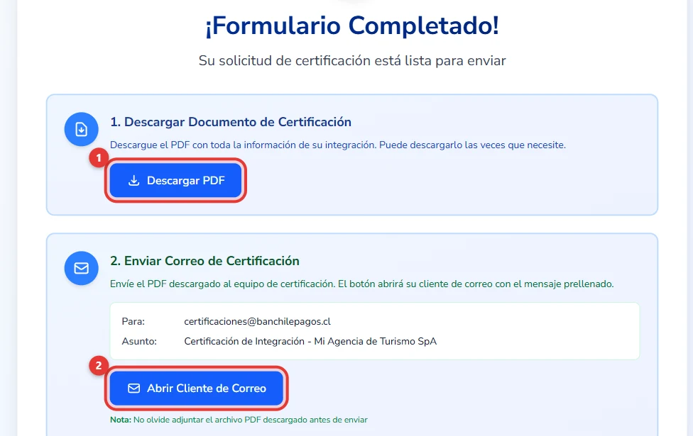 Página 5 del formulario: botones «Descargar PDF» y «Abrir Cliente de Correo»